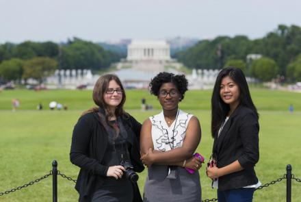 PBS Student Reporting Labs journalists in front of Lincoln Memorial in Washington, D.C.