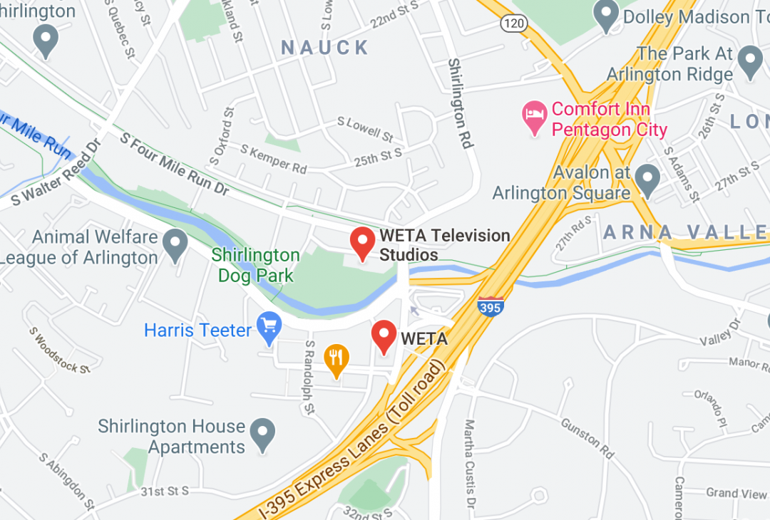 Map of Shirlington with WETA's offices and studio's pinned